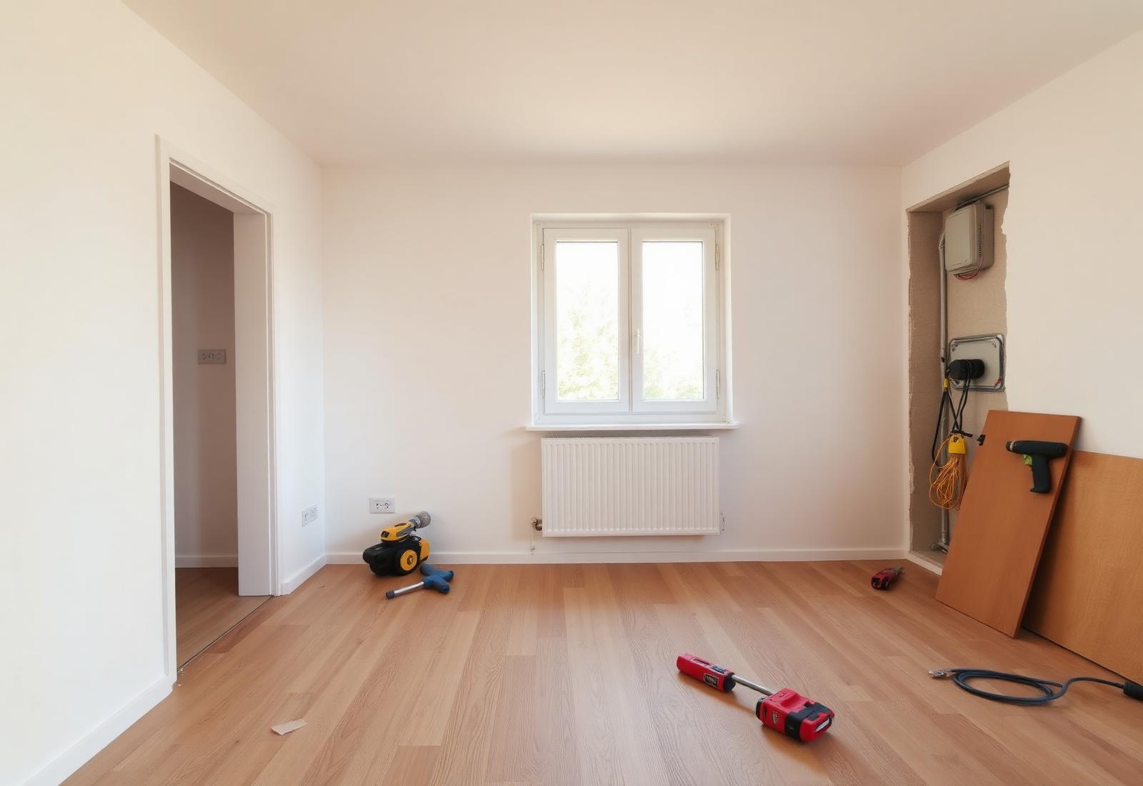 Chantier de rénovation intérieure en cours, murs peints et parquet flottant posé